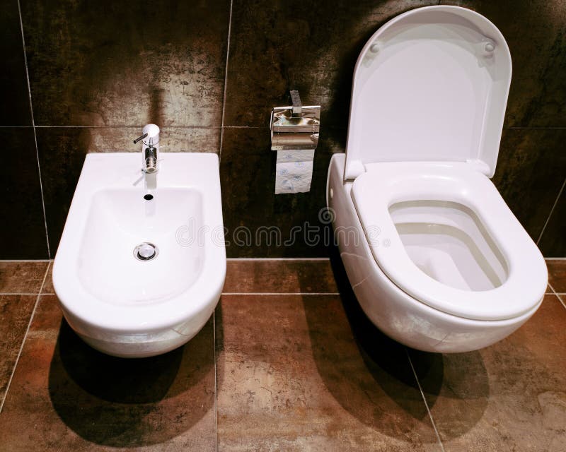 Open Ceramic Toilet Bowl and Bidet in Bathroom Stock Photo Image of bidet, brush 131517284