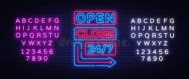 Open Close neon signs vector. Neon Signboards Design template, light banner, night signboard, nightly bright advertising stock illustration Open Close neon signs vector. Neon Signboards Design template, light banner, night signboard, nightly bright advertising stock illustration