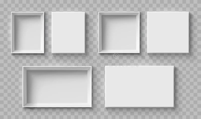 Open and close white gift boxes set, white square box top view, open cap, empty packages mockup 3d isolated, container mockup royalty free illustration