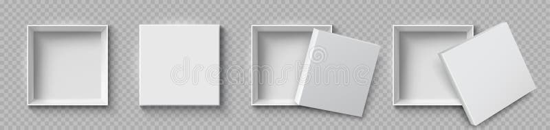Open and close white gift boxes, white square box top view, container mockup, empty carton package, realistic paper box, open cap vector illustration
