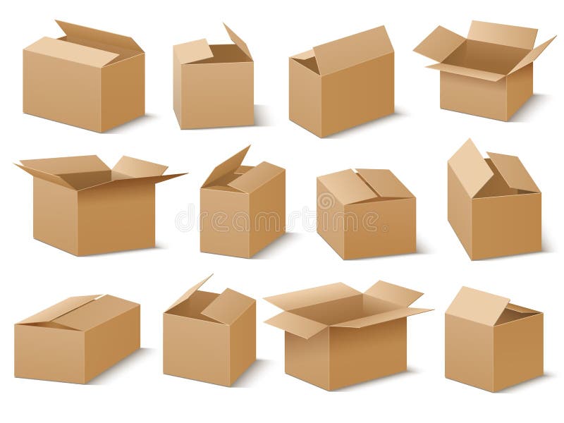 Open and closed cardboard boxes vector set vector illustration