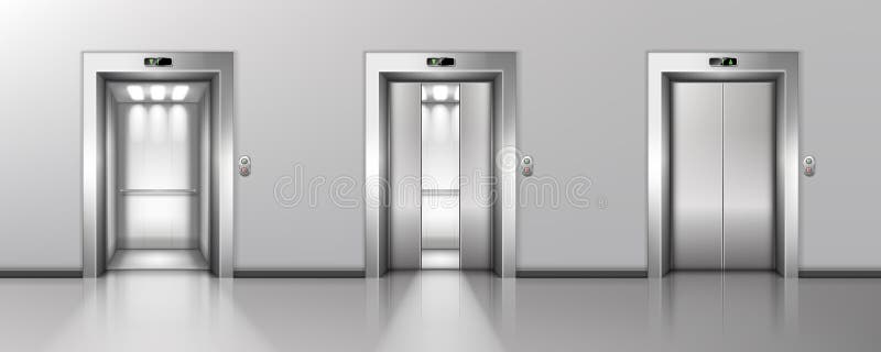 Open and closed metal elevator doors in hallway