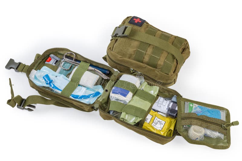Open and Closed Military Individual First Aid Kits in Pouches Stock