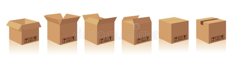 Open and closed recycle brown carton delivery packaging box with fragile signs. Collection illustration box with s royalty free illustration Open and closed recycle brown carton delivery packaging box with fragile signs. Collection illustration box with s royalty free illustration