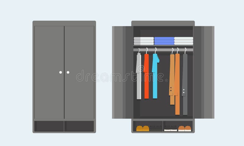 Open And Closet Wardrobe With Some Clothes And Shoes Inside Stock Vector Illustration Of Concept Flat 174264368