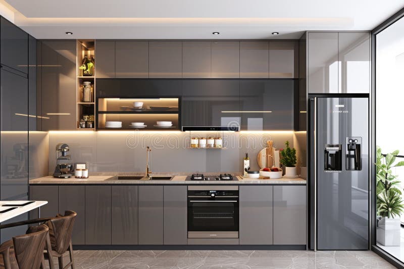 Open concept modern kitchen in a new home stock illustration