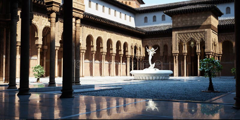 Open courtyard with middle eastern architecture influences and fountain.