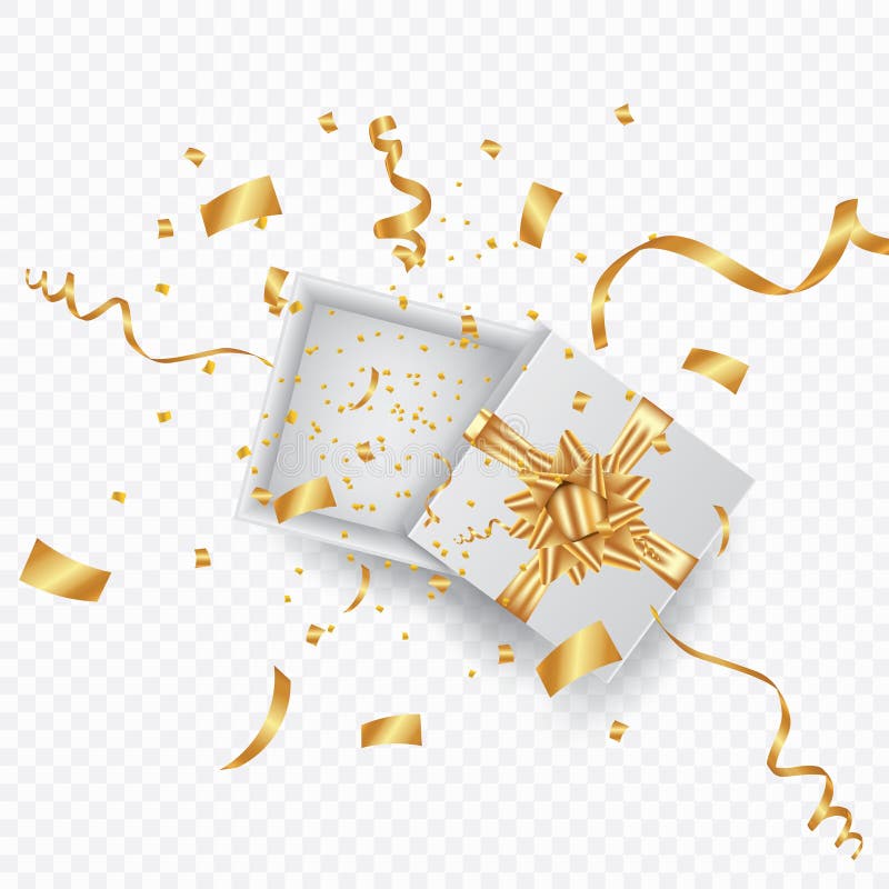 Open 3d realistic gift box with gold ribbon and confetti. Vector illustration.