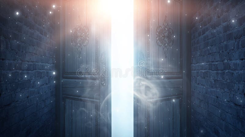 Open doors, brick old walls. Night scene, rays, smoke. Night scene with open antique doors. Rays of light through the open door. Old brick walls of an old building. Open doors, brick old walls. Night scene, rays, smoke. Night scene with open antique doors. Rays of light through the open door. Old brick walls of an old building