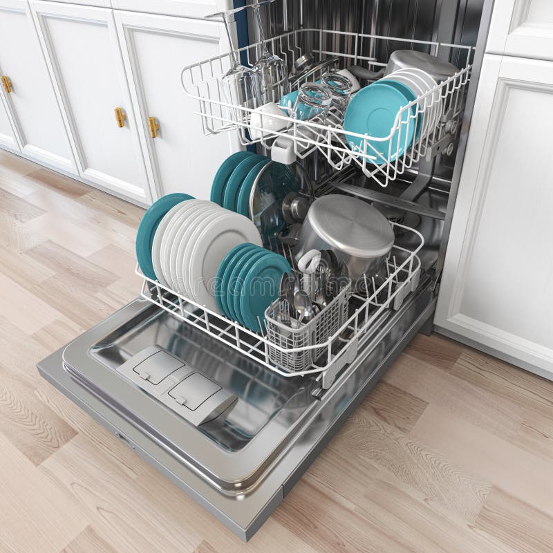 Open Dishwasher with Clean Dishes Inside in Kitchen Stock Illustration