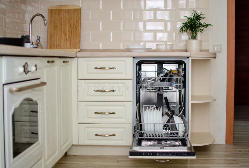 Open Dishwasher with Clean Dishes in Kitchen Overall Plan. Stock Photo Image of cleanse, glass