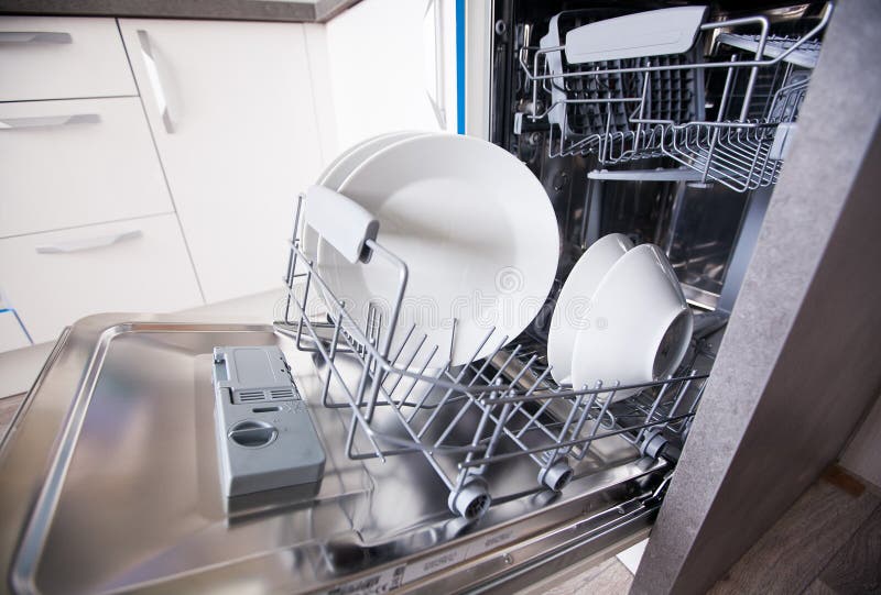 Open Dishwasher with Clean Dishes Stock Image Image of machine, full