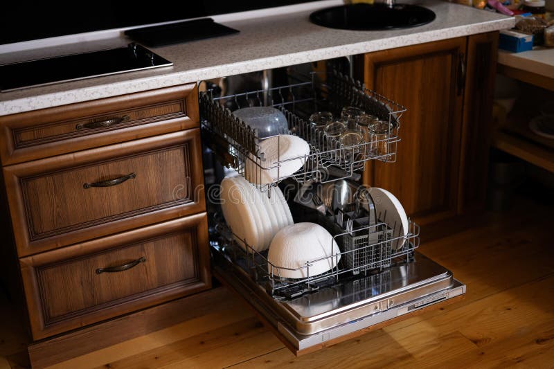 Open Dishwasher with Clean Dishes in Wooden Surface Kitchen Stock Photo Image of wash