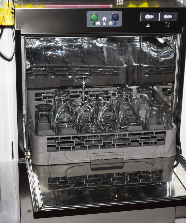 Open Dishwasher with Clean Glass, Cups, Plates and Dishes Stock Photo