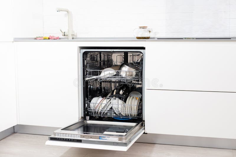 Open Dishwasher with Clean Utensils in it. Stock Image Image of wash