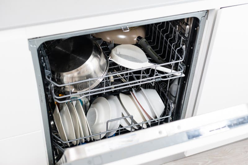 Open Dishwasher with Clean Utensils in it. Stock Image Image of shelf
