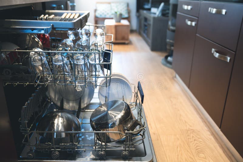 Open Dishwasher at Home Kitchen Stock Photo Image of full, dishwasher 138564786