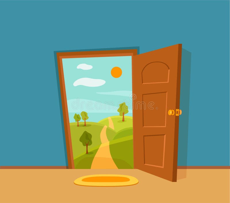 Open Door Cartoon Colorful Vector Illustration with Valley Summer Sun  Landscap Stock Vector - Illustration of field, light: 143827893