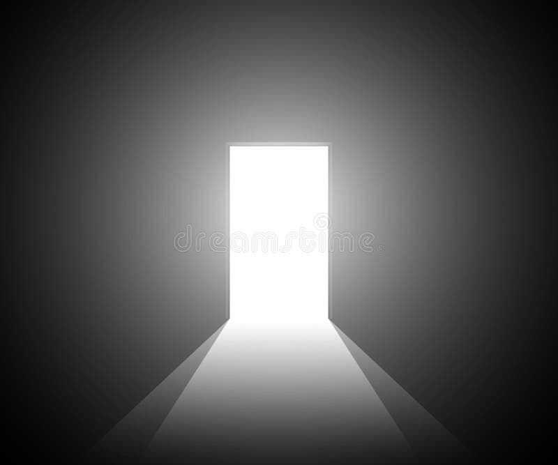 Open Door with Light on Black Background. Light through the Open Door. Stock Vector