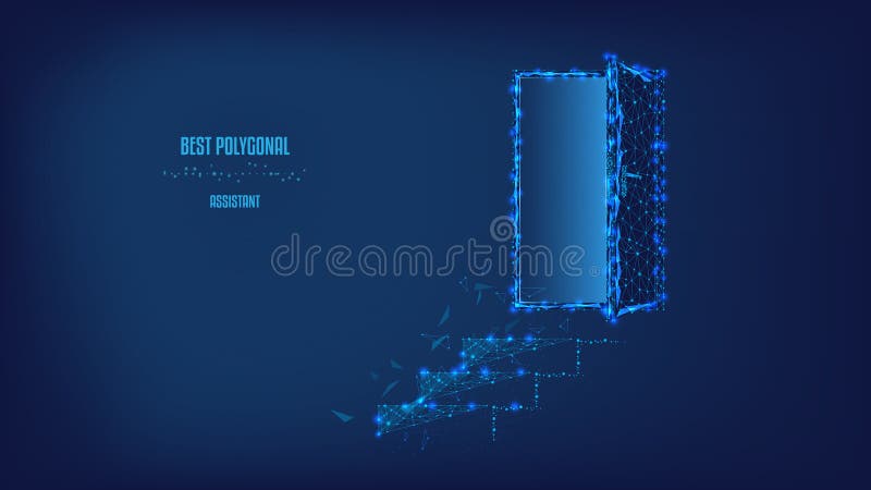 Open door Polygonal. Steps to the door. Polygonal illustration of triangles and points. Background of beautiful dark blue night stock illustration