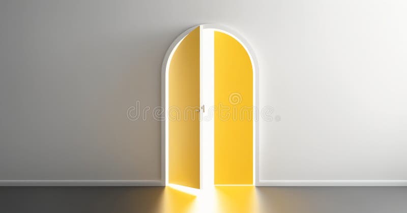 Open door in a white room, 3d rendering. Computer digital drawing. royalty free stock photo