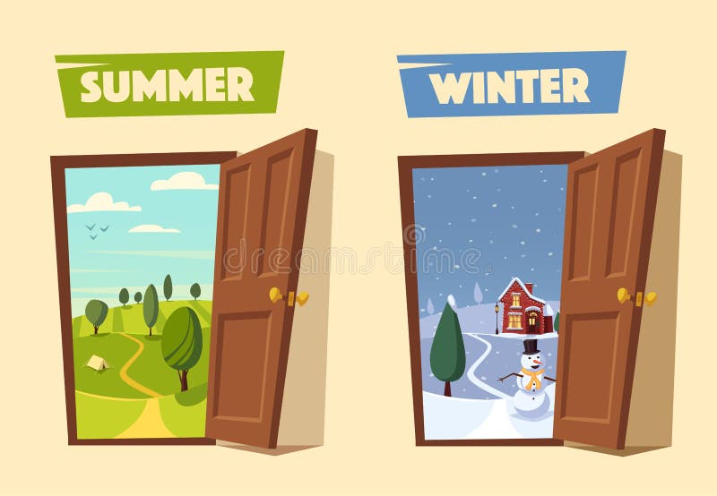 Open door. Winter and summer. Cartoon vector illustration. royalty free illustration Open door. Winter and summer. Cartoon vector illustration. royalty free illustration