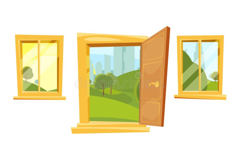Open Doors and Sunset Landscape Behind Windows. Vector Pictures Set in Cartoon Style Stock Vector - Illustration of detailed, landscape: 101115630 Open Doors and Sunset Landscape Behind Windows. Vector Pictures Set in Cartoon Style Stock Vector - Illustration of detailed, landscape: 101115630