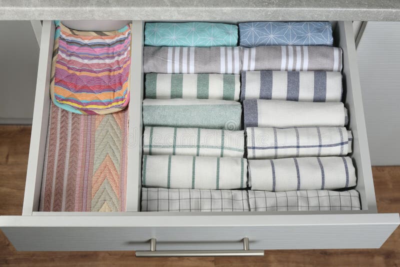 Drawer with Folded Towels. Order in Kitchen Stock Photo Image of