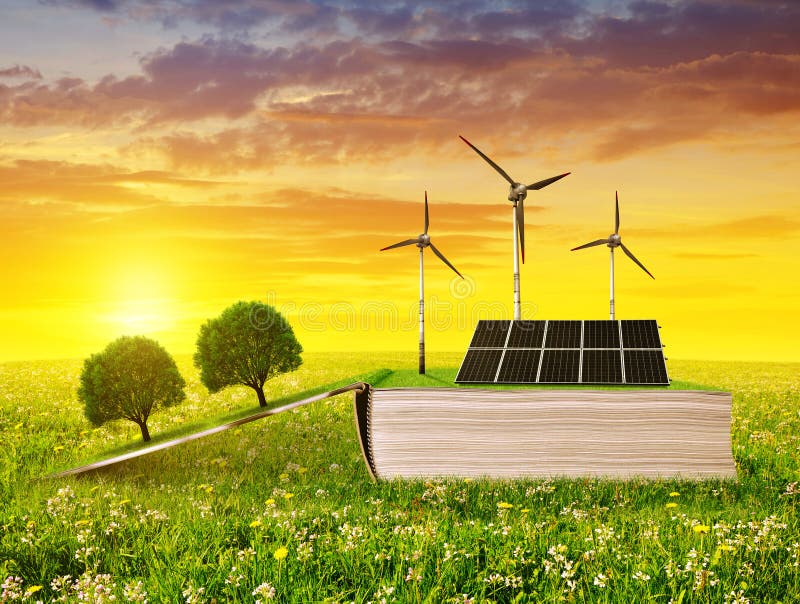 Open ecologisch boek met zonnepaneel en windturbine op weide bij zonsondergang stock afbeeldingen Open ecologisch boek met zonnepaneel en windturbine op weide bij zonsondergang stock afbeeldingen