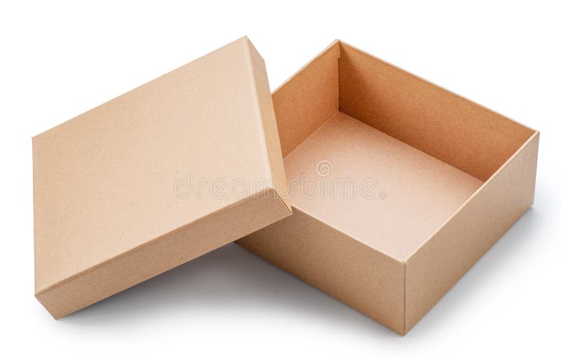 Open empty cardboard gift box and lid near it isolated on white background. File contains clipping path stock photo