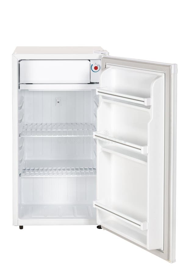 Open an Empty Mini Fridge Refrigerator Isolated on White Background