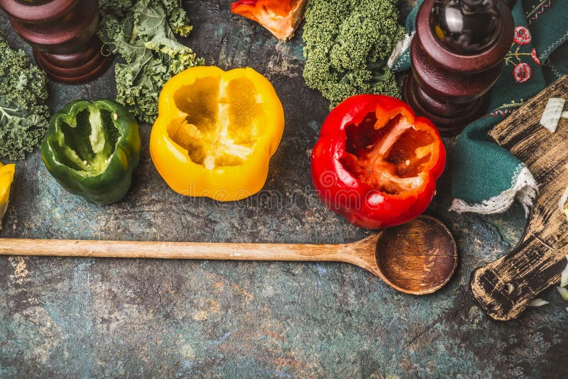 Bell Colorful Paprika Peppers Cooking Preparation. Paprika on Wooden