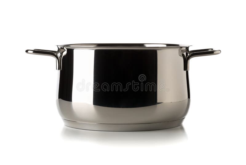 Open, empty stainless steel cooking pot over white background, cooking or kitchen utensil