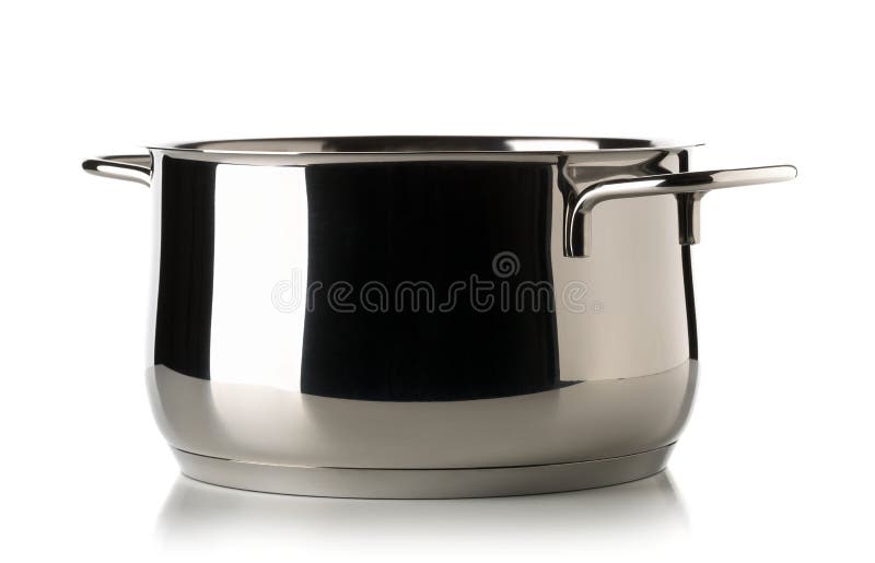 Open, empty stainless steel cooking pot over white background, cooking or kitchen utensil