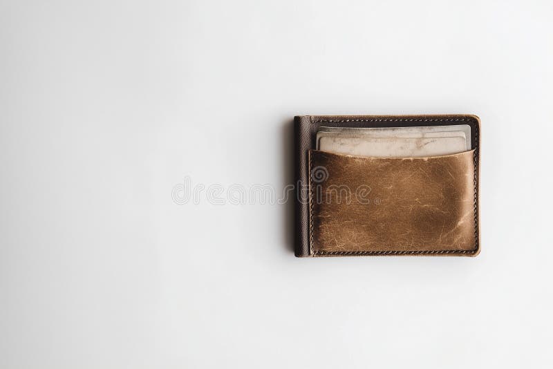 Open empty wallet displaying card slots on a clean white surface with soft lighting in a minimalist setting. An empty wallet lies open on a white background, showcasing its card slots and clean design, emphasizing simplicity and functionality in a minimalist style
