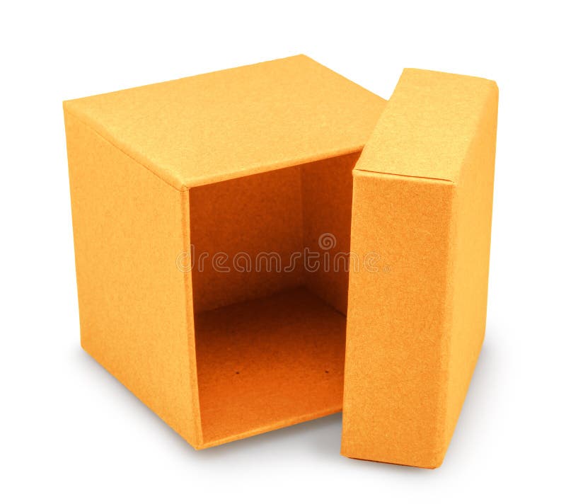 Open empty yellow cardboard box lays on its side isolated on white background. File contains clipping path stock photos