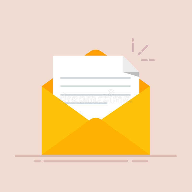 Open envelope with a document. New letter. Sending correspondence. Flat illustration isolated on color background. vector illustration