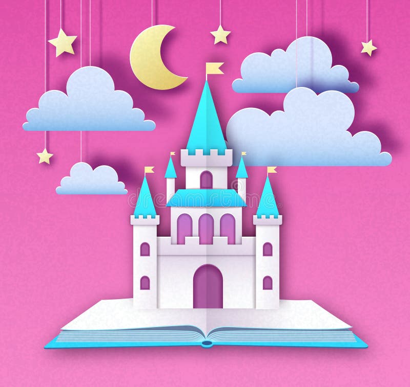 Open fairy tale book with castle with clouds, stars and moon. Cut out paper art style design. Origami