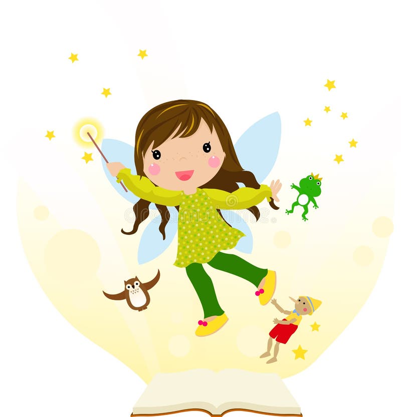Open fairytale book and fairy flying above pages vector illustration