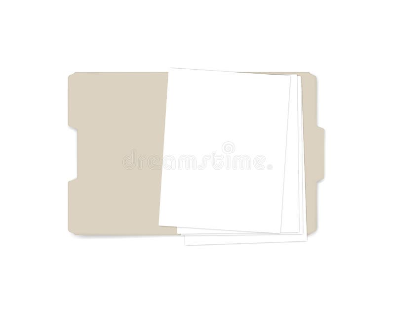 Open file folder with cut tab realistic mockup. Letter size tabbed manila folder with empty paper sheets vector illustration.