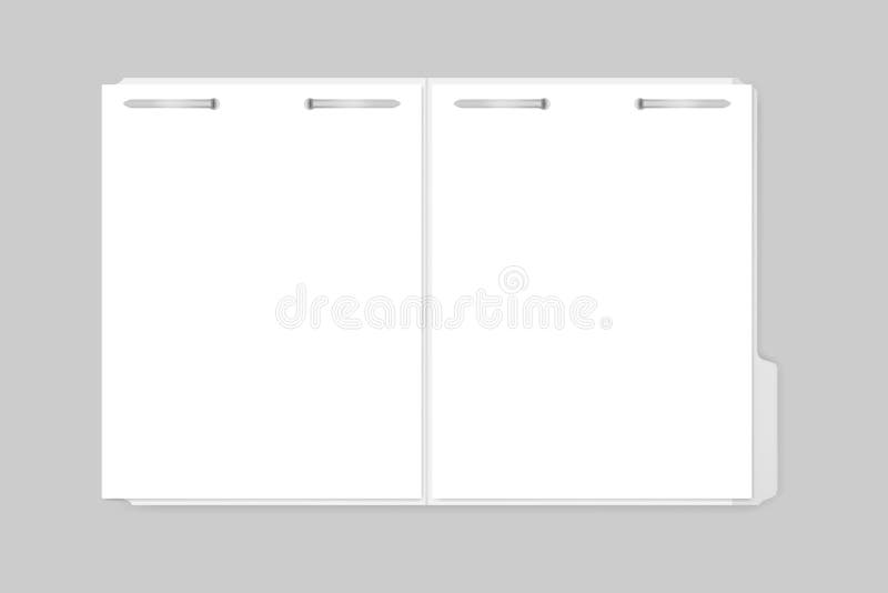 Open file folder with tab and metal fastener keeping paper sheets inside vector illustration