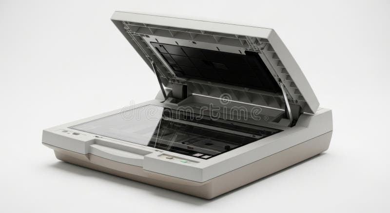 Open flatbed scanner device isolated on white background royalty free illustration