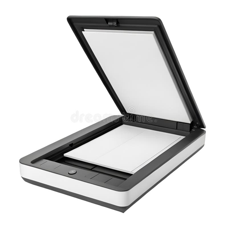 Open flatbed scanner with white paper inside on a white background document royalty free illustration