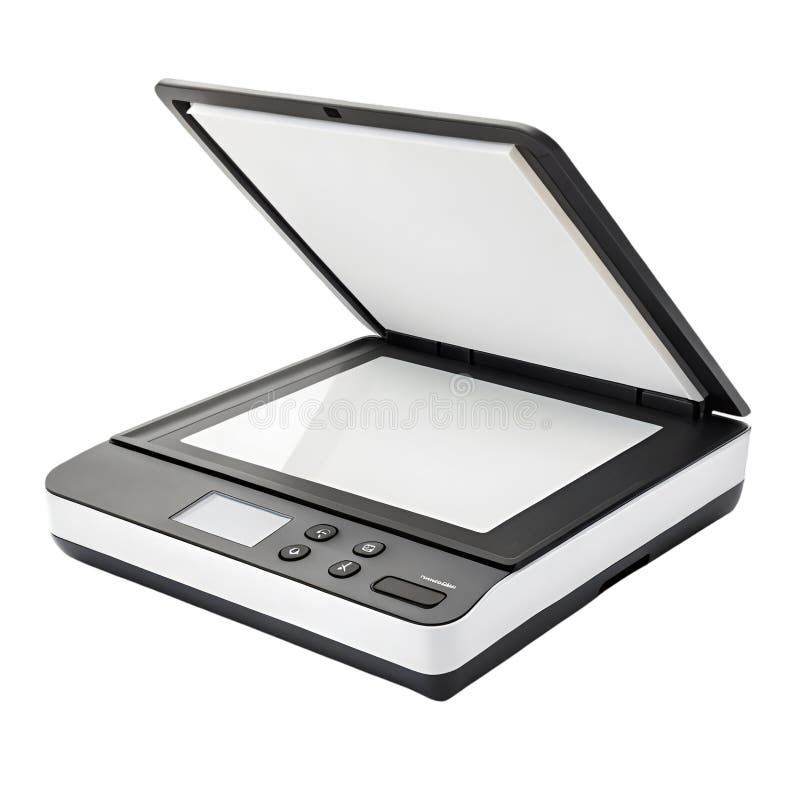 Open flatbed scanner with a white scanning glass and control panel document technology vector illustration