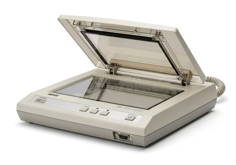 Open flatbed scanner on white surface vector illustration