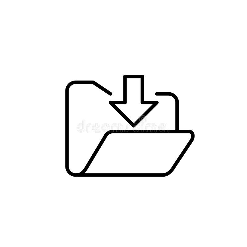 Open folder with arrow pointing down. Download files stored within the folder. File storage and access. Pixel perfect royalty free illustration