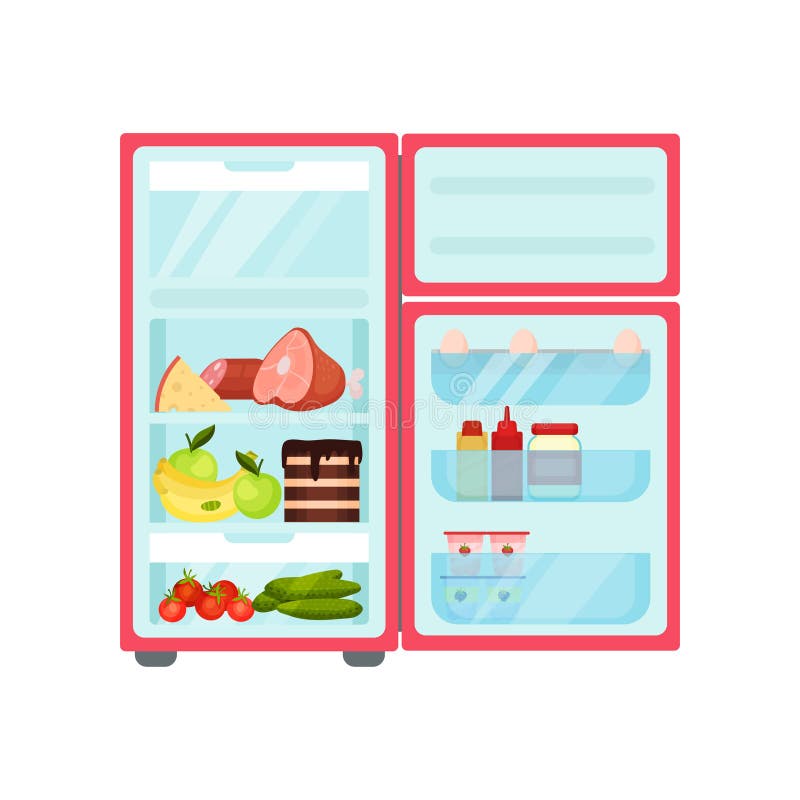 Open fridge with products. Fresh fruits and vegetables, sweets, eggs and sauces. Kitchen refrigerator. Flat vector