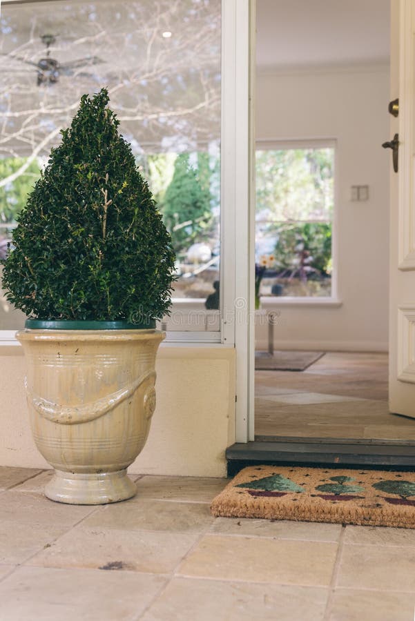 Open Front Door with Mat and Decorative Topiary Stock Photo