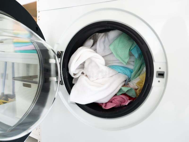 Open Front Load Washing Machine and Put Color Clothes before Press ...