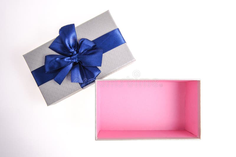 Open Gift Box with Blue Bow Isolated on White Background Stock Image